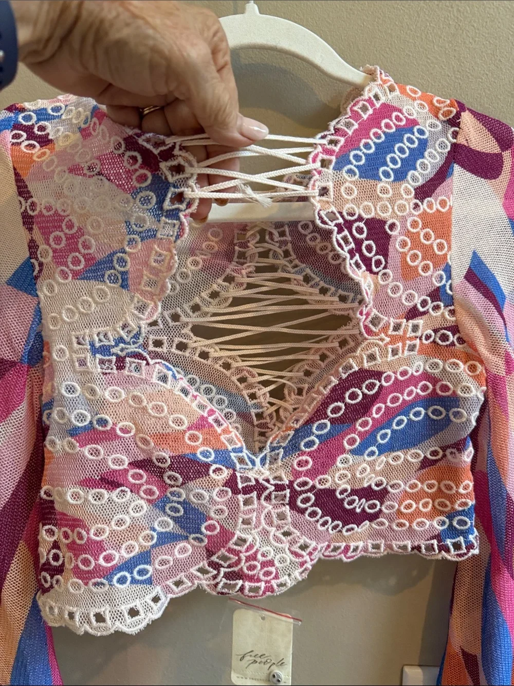 Free People Eyes On You Lace Up Mesh Crop Top Swirl Bell Sleeve Small NWT